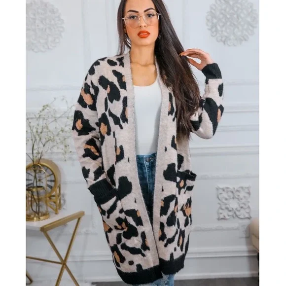 Altar'd State Leopard Print Longline Cardigan Sweater Tan Black M/L C10183 - Picture 1 of 5